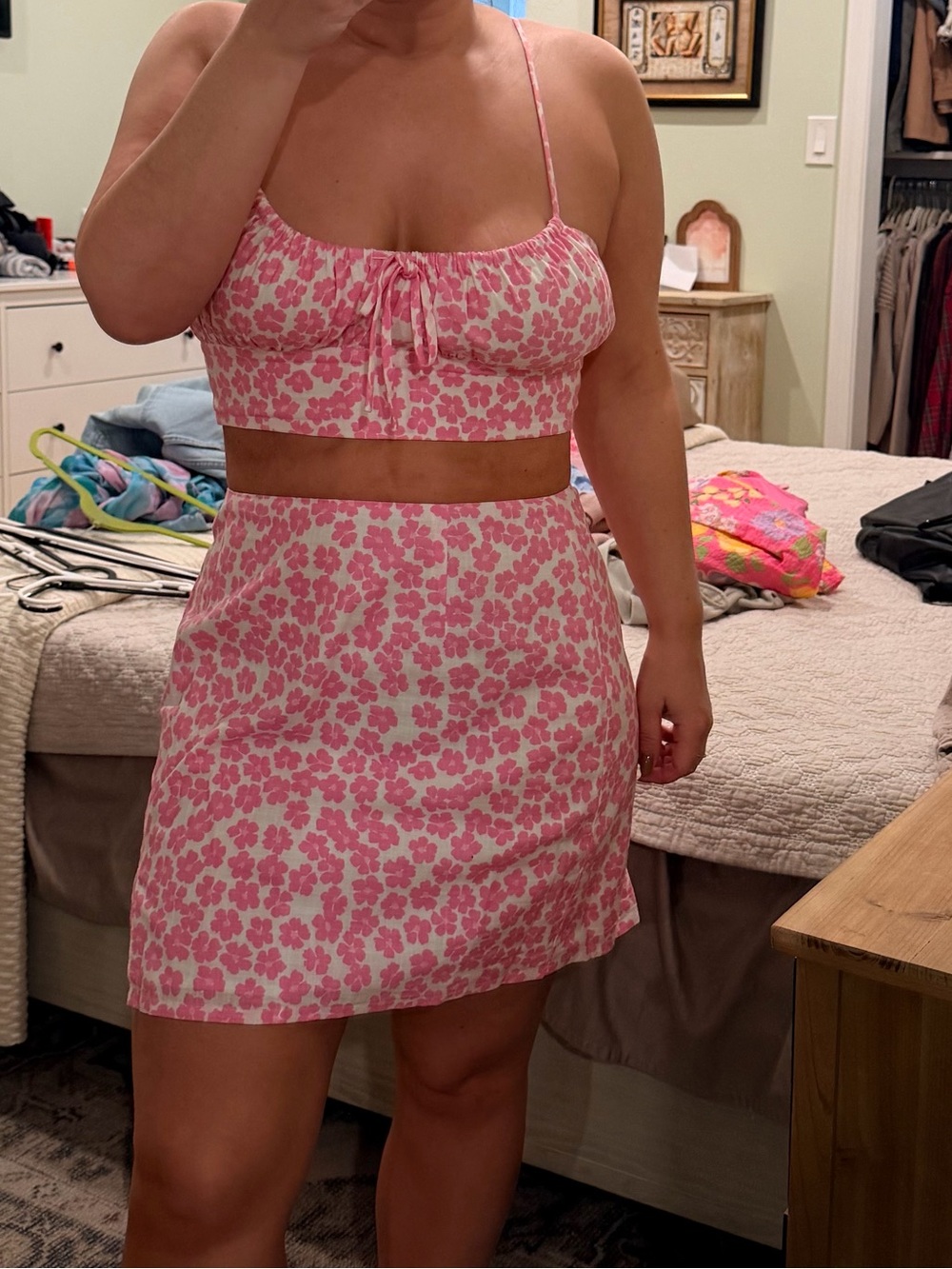 Pink Floral A-Line Mini Skirt & Top Set